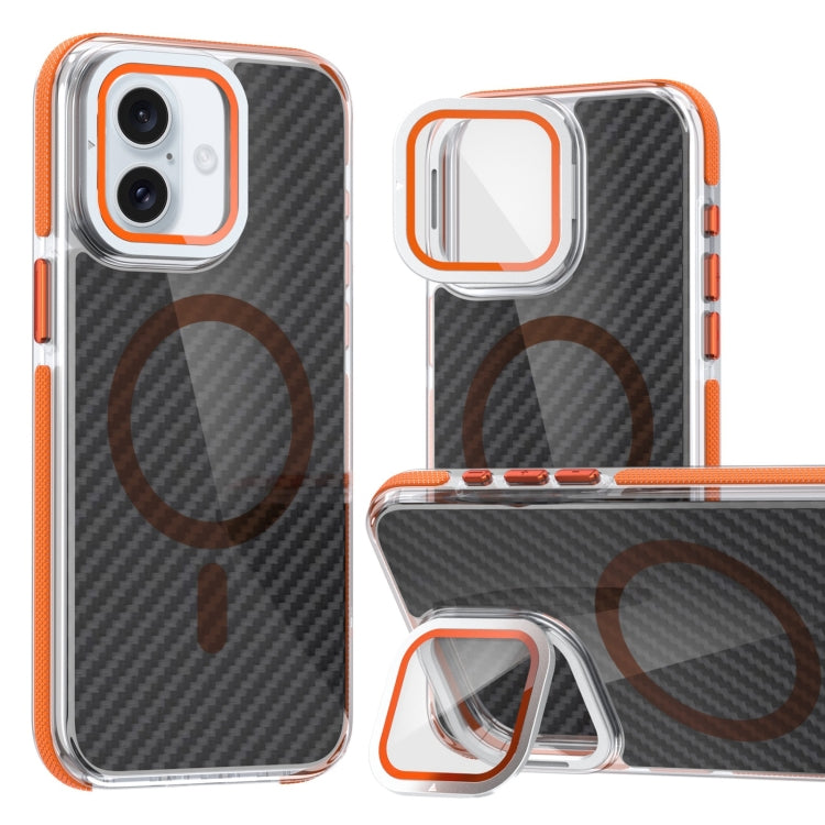 For iPhone 16 Magsafe Dual-Color Carbon Fiber Lens Film Phone Case with Lens Fold Holder(Orange) - iPhone 16 Cases by PMC Jewellery | Online Shopping South Africa | PMC Jewellery | Buy Now Pay Later Mobicred