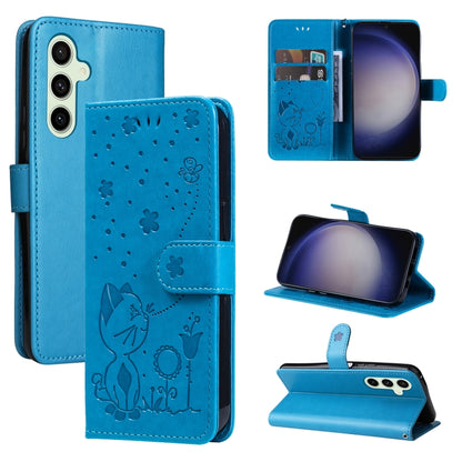 For Samsung Galaxy S25+ / S24+ 5G Cat and Bee Embossed Flip Leather Phone Case(Blue) - Galaxy S25+ 5G Cases by PMC Jewellery | Online Shopping South Africa | PMC Jewellery | Buy Now Pay Later Mobicred