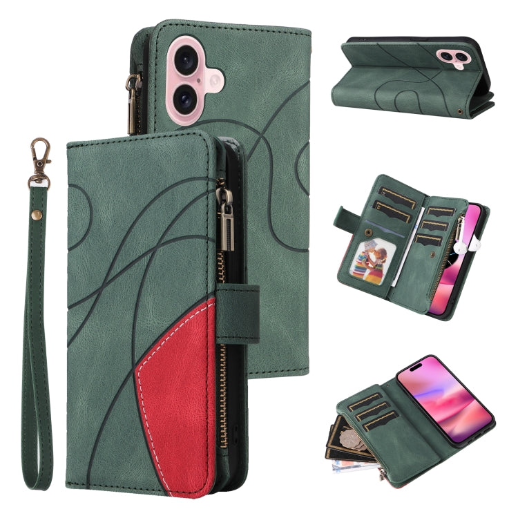 For iPhone 16 Dual-color 9 Card Slots Zipper Wallet Leather Phone Case(Green) - iPhone 16 Cases by PMC TechLife | Online Shopping South Africa | PMC TechLife | Buy Now Pay Later Mobicred
