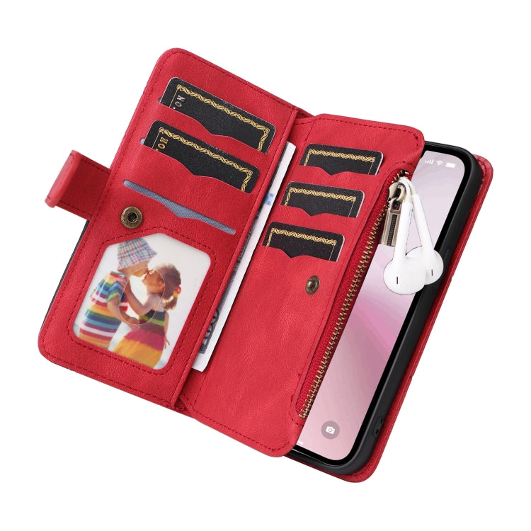 For iPhone 16e Dual-color 9 Card Slots Zipper Wallet Leather Phone Case(Red) - iPhone 16e Cases by PMC TechLife | Online Shopping South Africa | PMC TechLife | Buy Now Pay Later Mobicred