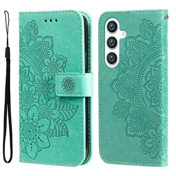 For Samsung Galaxy S25+ 5G Seven-petal Flowers Embossing Leather Phone Case(Green) - Galaxy S25+ 5G Cases by PMC Jewellery | Online Shopping South Africa | PMC Jewellery | Buy Now Pay Later Mobicred