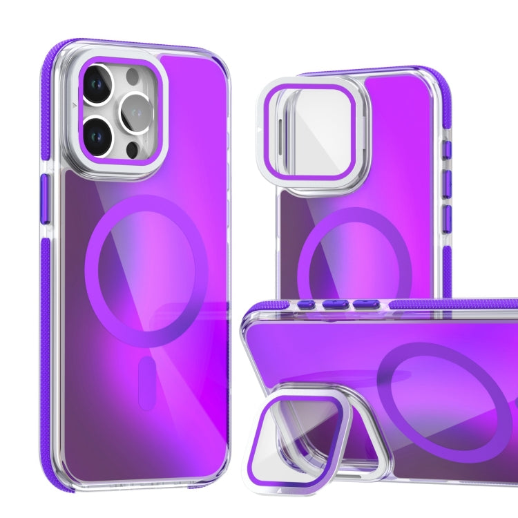 For iPhone 16 Pro MagSafe Gradient Color Lens Film Phone Case with Lens Fold Holder(Purple) - iPhone 16 Pro Cases by PMC TechLife | Online Shopping South Africa | PMC TechLife | Buy Now Pay Later Mobicred