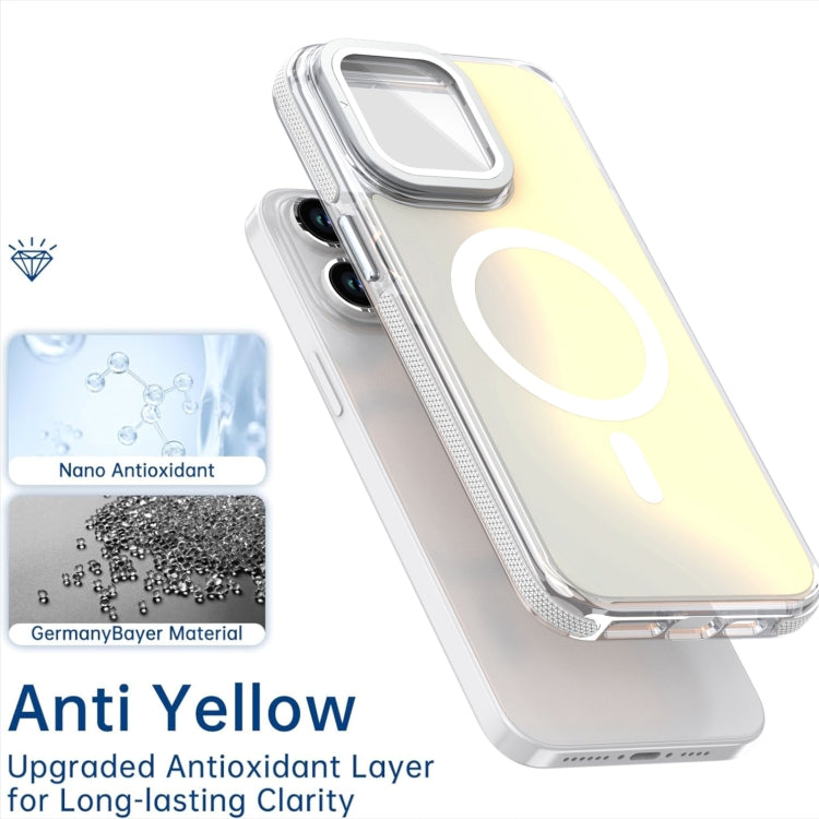 For iPhone 16 MagSafe Gradient Color Lens Film Phone Case with Lens Fold Holder(White) - iPhone 16 Cases by PMC TechLife | Online Shopping South Africa | PMC TechLife | Buy Now Pay Later Mobicred