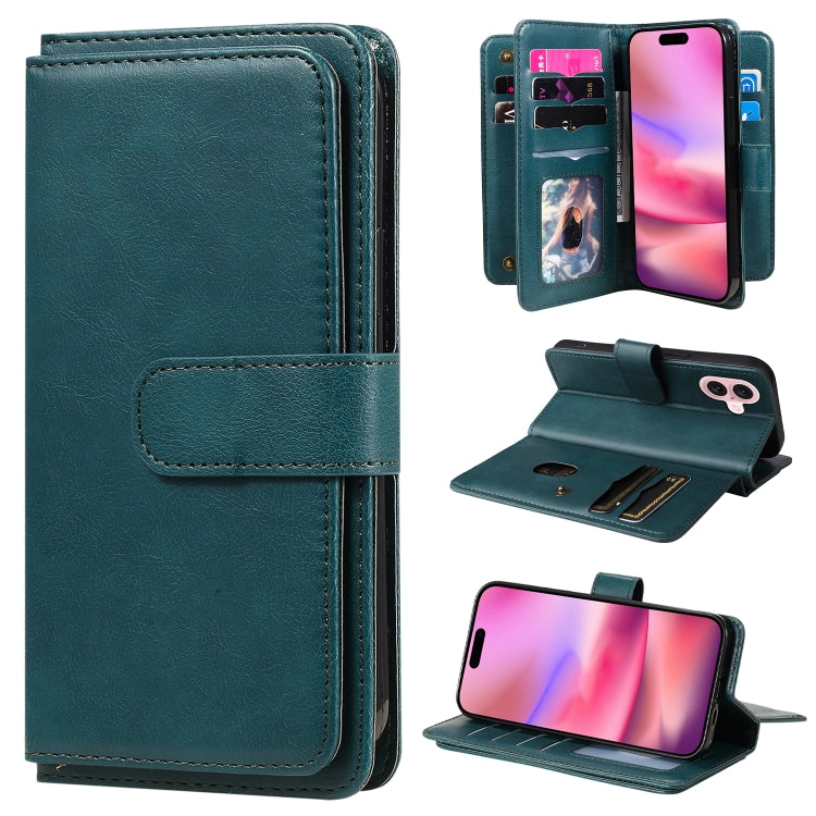 For iPhone 16 Multi-Function Wallet 10 Card Slots Leather Phone Case(Dark Green) - iPhone 16 Cases by PMC Jewellery | Online Shopping South Africa | PMC Jewellery | Buy Now Pay Later Mobicred