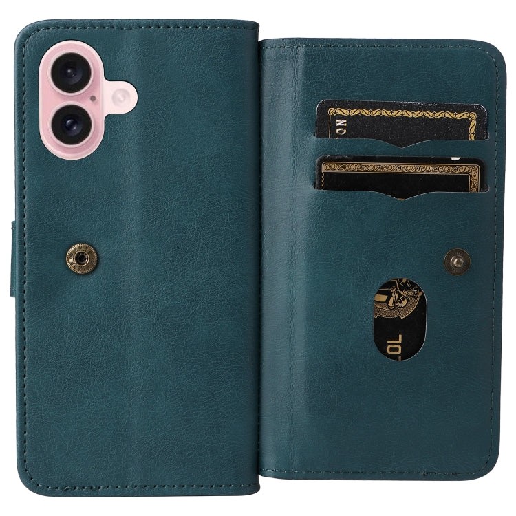 For iPhone 16 Multi-Function Wallet 10 Card Slots Leather Phone Case(Dark Green) - iPhone 16 Cases by PMC TechLife | Online Shopping South Africa | PMC TechLife | Buy Now Pay Later Mobicred