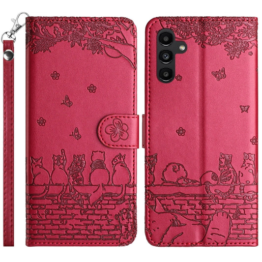 For Samsung Galaxy S25 5G Cat Embossing Pattern Leather Phone Case with Lanyard(Red) - Galaxy S25 5G Cases by PMC Jewellery | Online Shopping South Africa | PMC Jewellery | Buy Now Pay Later Mobicred