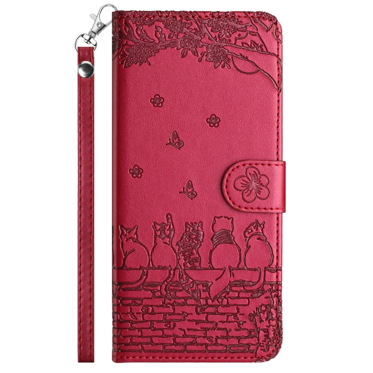 For Samsung Galaxy S25 5G Cat Embossing Pattern Leather Phone Case with Lanyard(Red) - Galaxy S25 5G Cases by PMC Jewellery | Online Shopping South Africa | PMC Jewellery | Buy Now Pay Later Mobicred