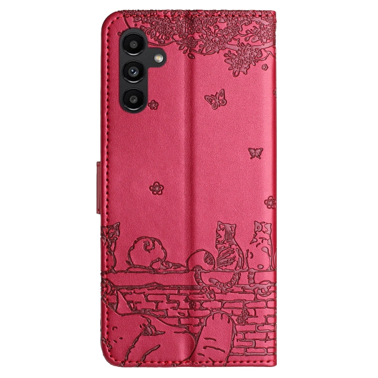 For Samsung Galaxy S25 5G Cat Embossing Pattern Leather Phone Case with Lanyard(Red) - Galaxy S25 5G Cases by PMC Jewellery | Online Shopping South Africa | PMC Jewellery | Buy Now Pay Later Mobicred