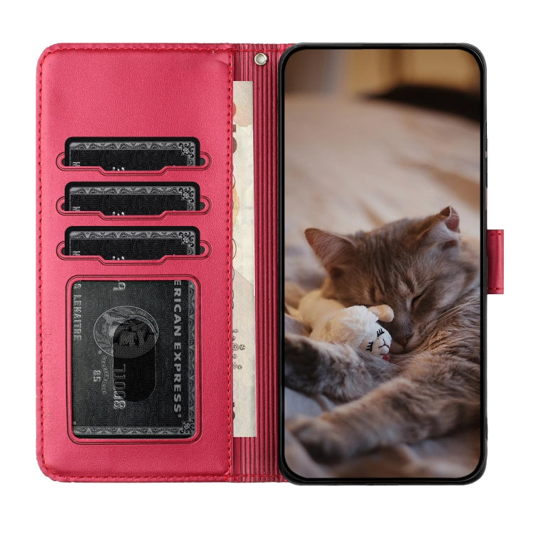 For Samsung Galaxy S25 5G Cat Embossing Pattern Leather Phone Case with Lanyard(Red) - Galaxy S25 5G Cases by PMC Jewellery | Online Shopping South Africa | PMC Jewellery | Buy Now Pay Later Mobicred