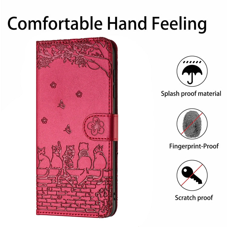 For Samsung Galaxy S25 5G Cat Embossing Pattern Leather Phone Case with Lanyard(Red) - Galaxy S25 5G Cases by PMC Jewellery | Online Shopping South Africa | PMC Jewellery | Buy Now Pay Later Mobicred