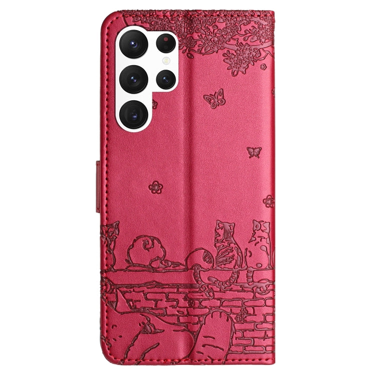 For Samsung Galaxy S25 Ultra 5G Cat Embossing Pattern Leather Phone Case with Lanyard(Red) - Galaxy S25 Ultra 5G Cases by PMC Jewellery | Online Shopping South Africa | PMC Jewellery | Buy Now Pay Later Mobicred