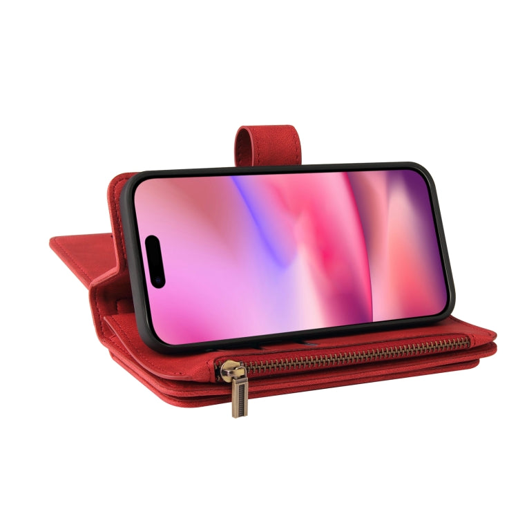 For iPhone 16 Skin Feel Multi Card Slots Zipper Wallet Leather Phone Case(Red) - iPhone 16 Cases by PMC TechLife | Online Shopping South Africa | PMC TechLife | Buy Now Pay Later Mobicred