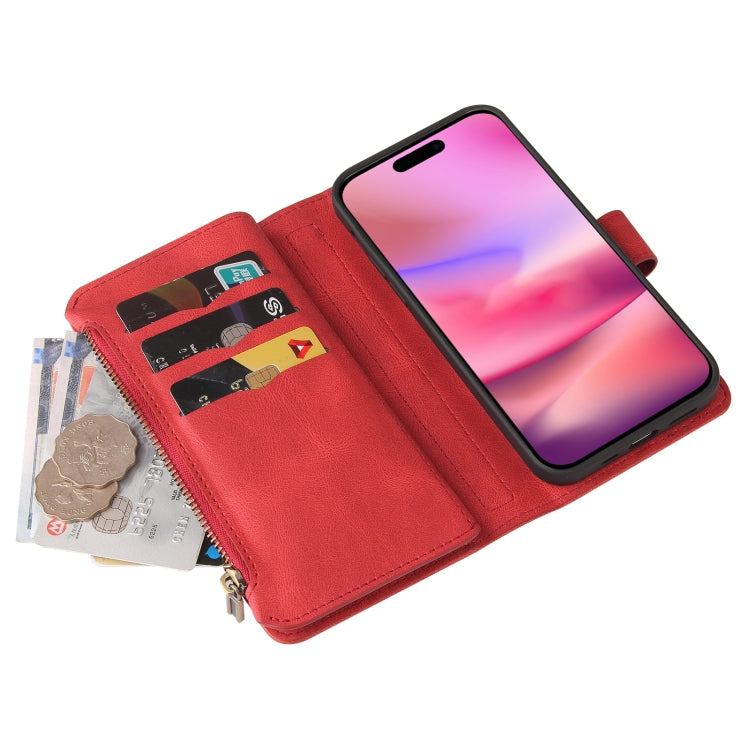 For iPhone 16 Skin Feel Multi Card Slots Zipper Wallet Leather Phone Case(Red) - iPhone 16 Cases by PMC TechLife | Online Shopping South Africa | PMC TechLife | Buy Now Pay Later Mobicred