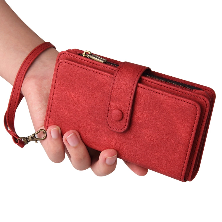 For iPhone 16e Skin Feel Multi Card Slots Zipper Wallet Leather Phone Case(Red) - iPhone 16e Cases by PMC TechLife | Online Shopping South Africa | PMC TechLife | Buy Now Pay Later Mobicred