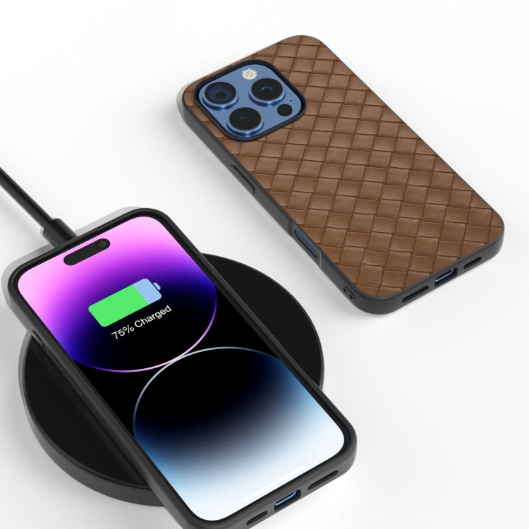 For iPhone 16 Pro Black Frame Woven Texture PU Phone Case(Brown) - iPhone 16 Pro Cases by PMC TechLife | Online Shopping South Africa | PMC TechLife | Buy Now Pay Later Mobicred