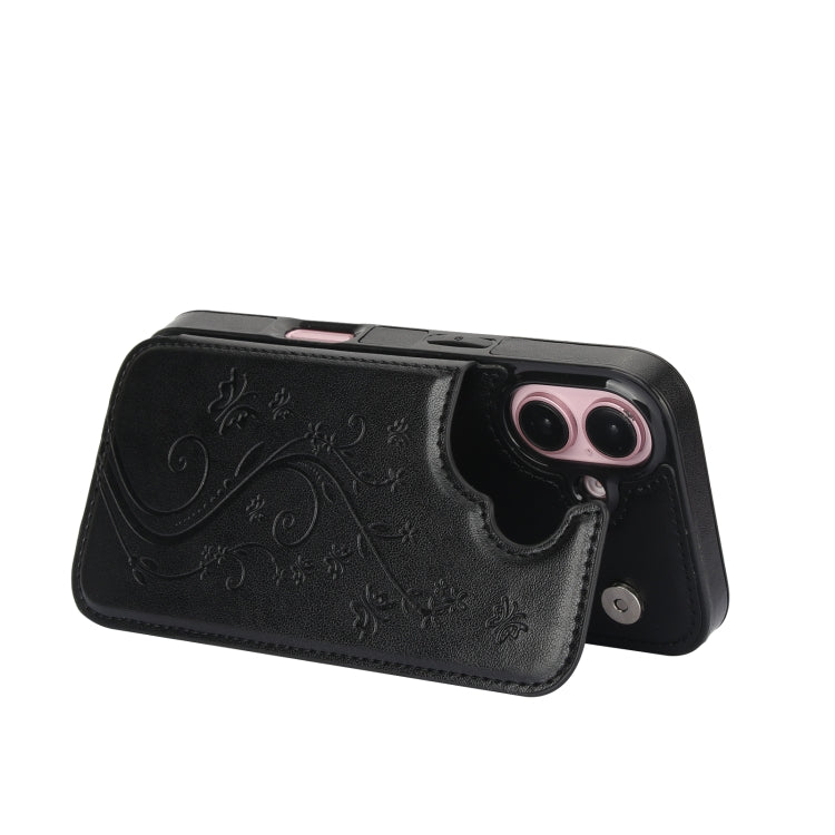 For iPhone 16 Plus Double Buckle Butterfly Embossing PU Phone Case(Black) - iPhone 16 Plus Cases by PMC TechLife | Online Shopping South Africa | PMC TechLife | Buy Now Pay Later Mobicred