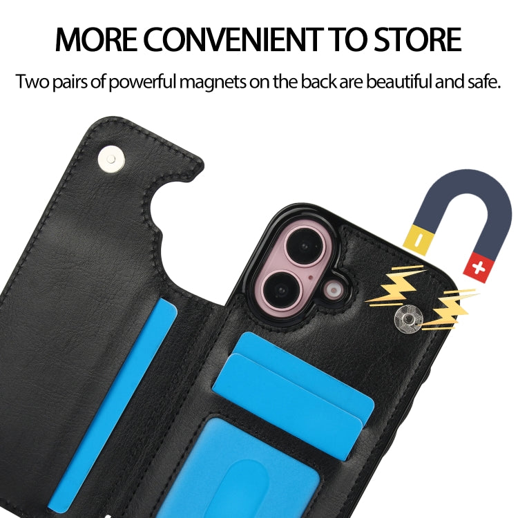 For iPhone 16 Double Buckle Crazy Horse Texture PU Phone Case(Black) - iPhone 16 Cases by PMC TechLife | Online Shopping South Africa | PMC TechLife | Buy Now Pay Later Mobicred