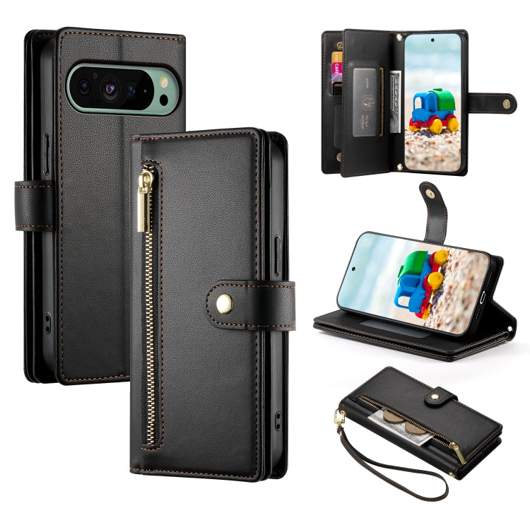 For Google Pixel 9 / 9 Pro Nine Card-slot Zipper Wallet Bag Leather Phone Case(Black) - Google Cases by PMC TechLife | Online Shopping South Africa | PMC TechLife | Buy Now Pay Later Mobicred