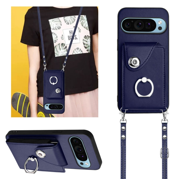 For Google Pixel 9 / 9 Pro Organ Card Bag Ring Holder Phone Case with Long Lanyard(Blue) - Google Cases by PMC TechLife | Online Shopping South Africa | PMC TechLife | Buy Now Pay Later Mobicred