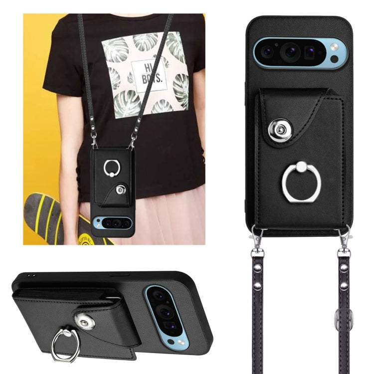 For Google Pixel 9 / 9 Pro Organ Card Bag Ring Holder Phone Case with Long Lanyard(Black) - Google Cases by PMC TechLife | Online Shopping South Africa | PMC TechLife | Buy Now Pay Later Mobicred