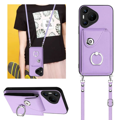 For Huawei Pura 70 Organ Card Bag Ring Holder Phone Case with Long Lanyard(Purple) - Huawei Cases by PMC Jewellery | Online Shopping South Africa | PMC Jewellery | Buy Now Pay Later Mobicred