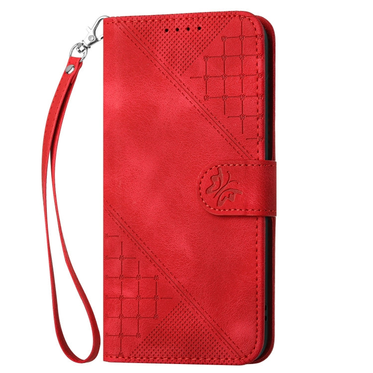 For iPhone 16e YX0080 Grid Butterfly Embossed Pattern Flip Leather Phone Case with Lanyard(Red) - iPhone 16e Cases by PMC TechLife | Online Shopping South Africa | PMC TechLife | Buy Now Pay Later Mobicred