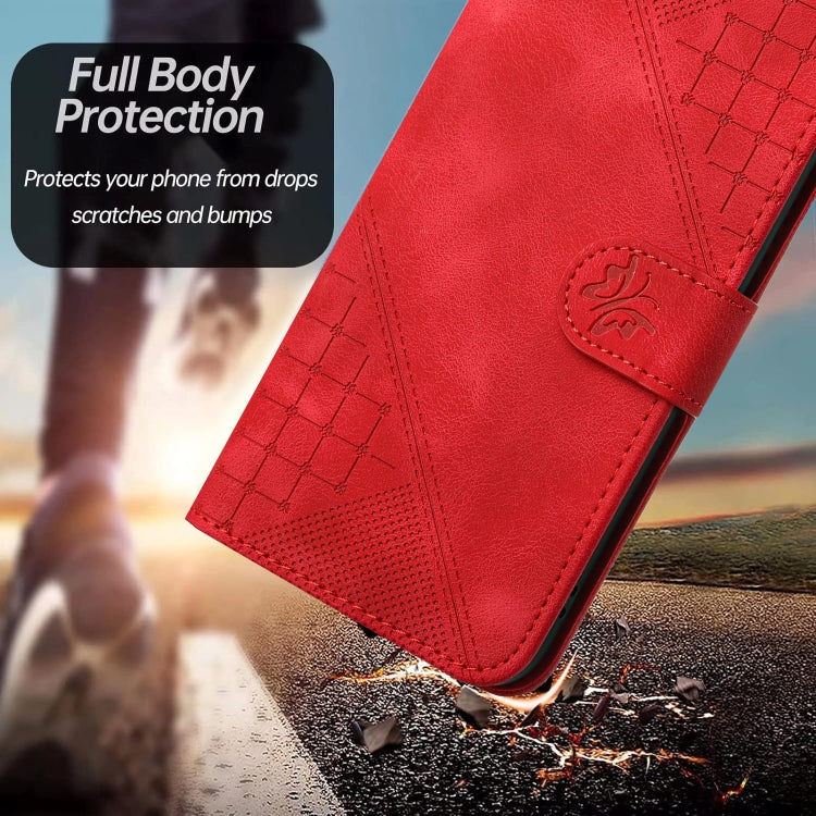 For iPhone 16e YX0080 Grid Butterfly Embossed Pattern Flip Leather Phone Case with Lanyard(Red) - iPhone 16e Cases by PMC TechLife | Online Shopping South Africa | PMC TechLife | Buy Now Pay Later Mobicred
