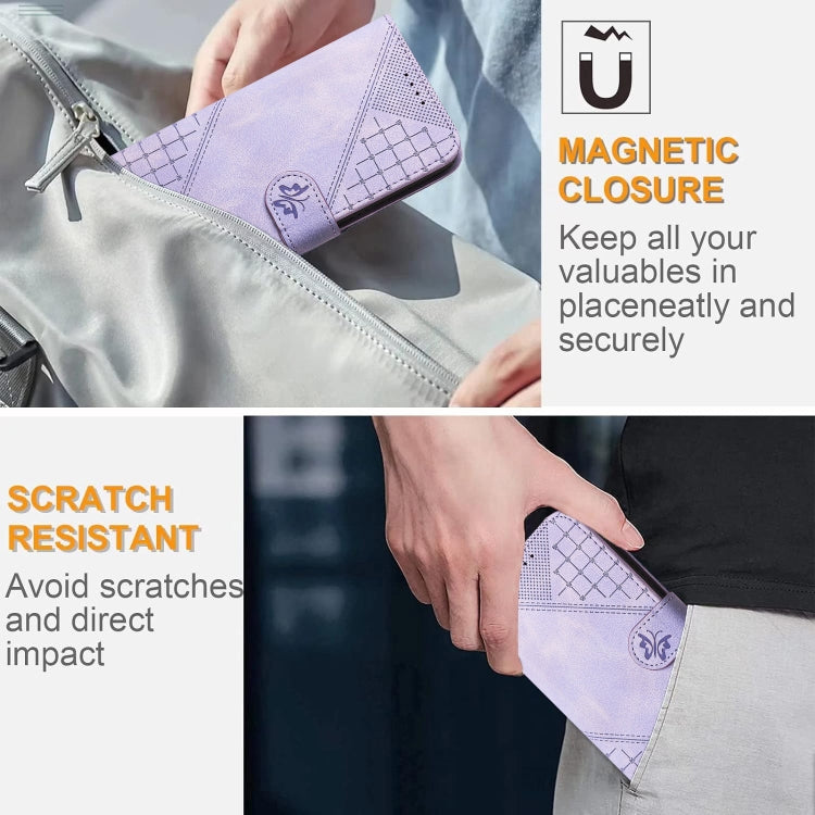 For iPhone 16e YX0080 Grid Butterfly Embossed Pattern Flip Leather Phone Case with Lanyard(Light Purple) - iPhone 16e Cases by PMC TechLife | Online Shopping South Africa | PMC TechLife | Buy Now Pay Later Mobicred