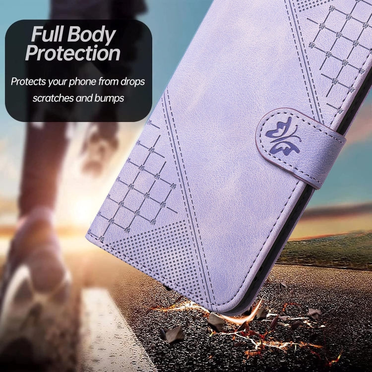 For iPhone 16e YX0080 Grid Butterfly Embossed Pattern Flip Leather Phone Case with Lanyard(Light Purple) - iPhone 16e Cases by PMC TechLife | Online Shopping South Africa | PMC TechLife | Buy Now Pay Later Mobicred