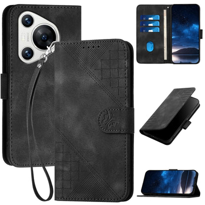 For Huawei Pura 70 YX0080 Grid Butterfly Embossed Pattern Flip Leather Phone Case with Lanyard(Black) - Huawei Cases by PMC Jewellery | Online Shopping South Africa | PMC Jewellery | Buy Now Pay Later Mobicred