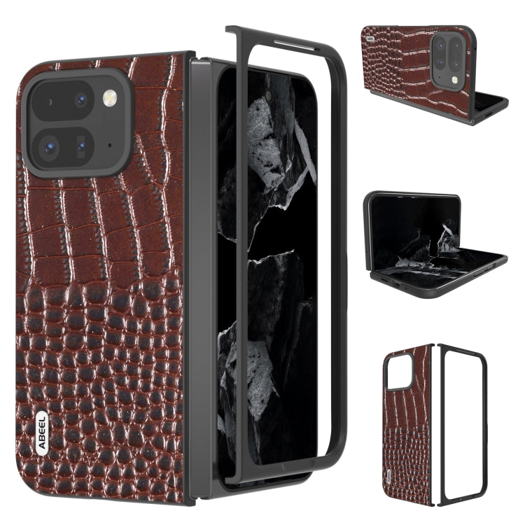 For Google Pixel 9 Pro Fold ABEEL Genuine Leather Crocodile Pattern Black Edge Phone Case(Coffee) - Google Cases by PMC TechLife | Online Shopping South Africa | PMC TechLife | Buy Now Pay Later Mobicred