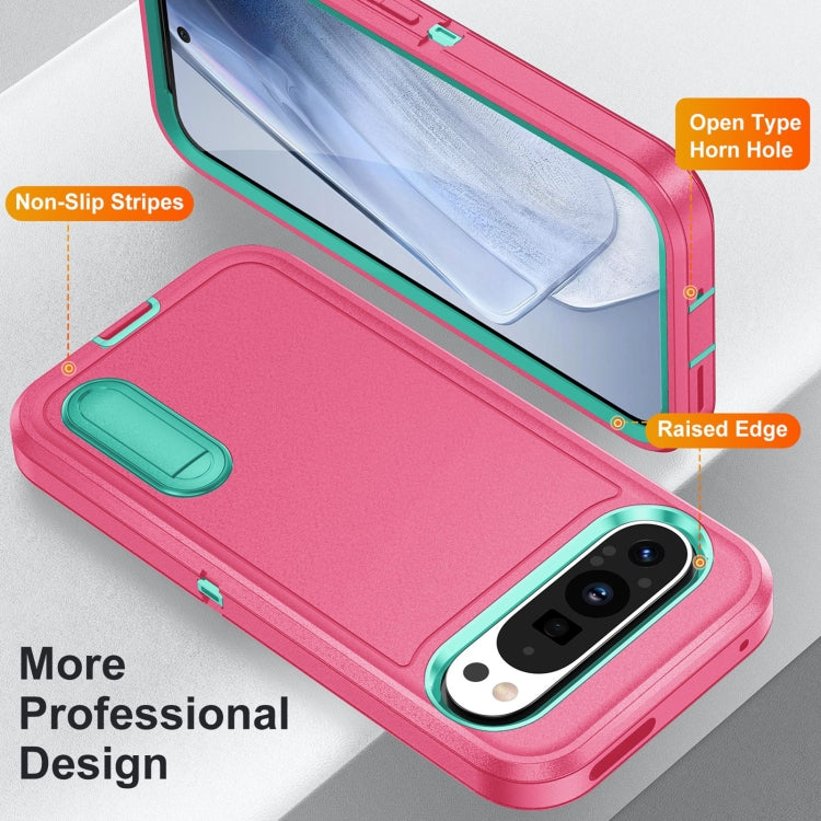For Google Pixel 9 Rugged PC + Silicone Phone Case with Holder(Rose Red+Light Green) - Google Cases by PMC TechLife | Online Shopping South Africa | PMC TechLife | Buy Now Pay Later Mobicred