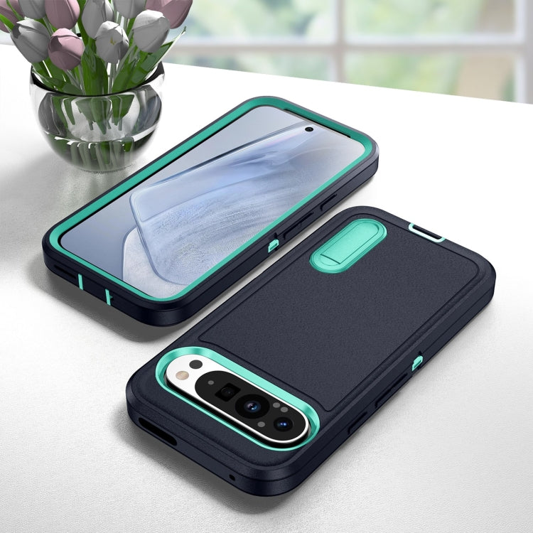 For Google Pixel 9 Rugged PC + Silicone Phone Case with Holder(Dark Blue+Light Green) - Google Cases by PMC TechLife | Online Shopping South Africa | PMC TechLife | Buy Now Pay Later Mobicred