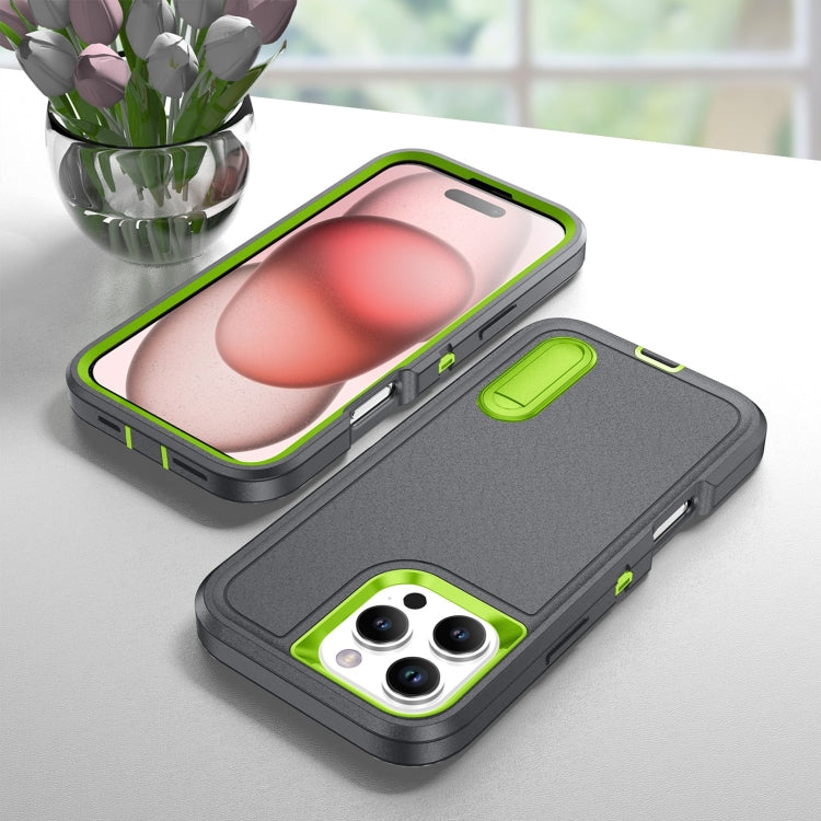 For iPhone 16 Pro Rugged PC + Silicone Phone Case with Holder(Grey+Fresh Green) - iPhone 16 Pro Cases by PMC TechLife | Online Shopping South Africa | PMC TechLife | Buy Now Pay Later Mobicred