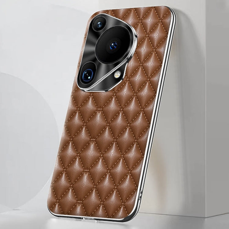 For Huawei Pura 70 Ultra Silver Edge Rhombic Texture PU Leather Phone Case(Brown) - Huawei Cases by PMC Jewellery | Online Shopping South Africa | PMC Jewellery | Buy Now Pay Later Mobicred