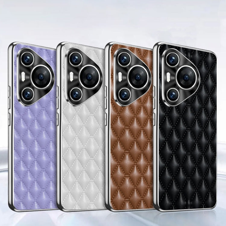 For Huawei Pura 70 Ultra Silver Edge Rhombic Texture PU Leather Phone Case(Brown) - Huawei Cases by PMC Jewellery | Online Shopping South Africa | PMC Jewellery | Buy Now Pay Later Mobicred