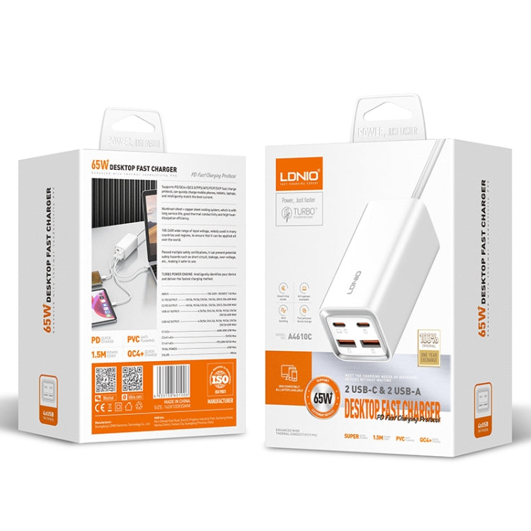 LDNIO A4610C PD65W Dual USB-C / Type-C + Dual USB Fast Charger, Cable Length: 1.5m, Plug Type:UK Plug(White) - USB Charger by LDNIO | Online Shopping South Africa | PMC TechLife | Buy Now Pay Later Mobicred