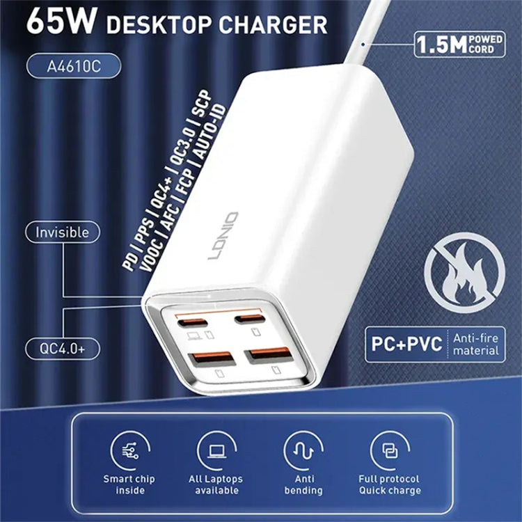 LDNIO A4610C PD65W Dual USB-C / Type-C + Dual USB Fast Charger, Cable Length: 1.5m, Plug Type:EU Plug��(White) - USB Charger by LDNIO | Online Shopping South Africa | PMC TechLife | Buy Now Pay Later Mobicred