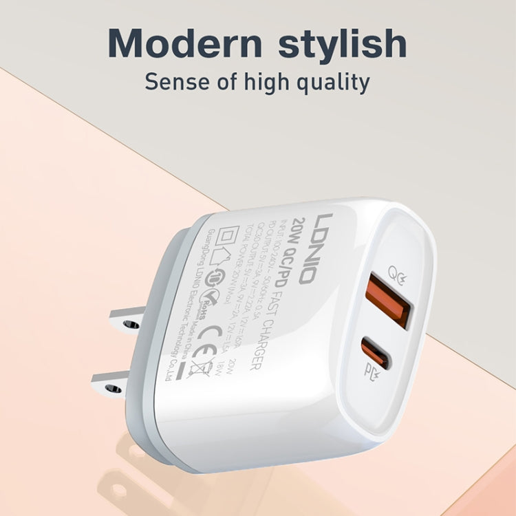 LDNIO Q229 QC3.0 / PD20W USB + Type-C Fast Charger with 1m Type-C to 8 Pin Cable, Plug Type:US Plug(White) - free shipping - PMC Jewellery - Order now!