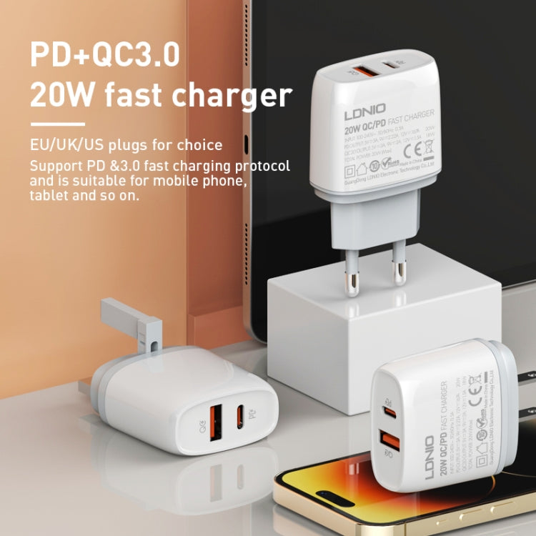 LDNIO Q229 QC3.0 / PD20W USB + Type-C Fast Charger with 1m Type-C to Type-C Cable, Plug Type:EU Plug(White) - free shipping - PMC TechLife - Order now!