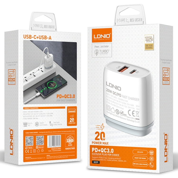 LDNIO Q229 QC3.0 / PD20W USB + Type-C Fast Charger with 1m Type-C to Type-C Cable, Plug Type:EU Plug(White) - free shipping - PMC TechLife - Order now!