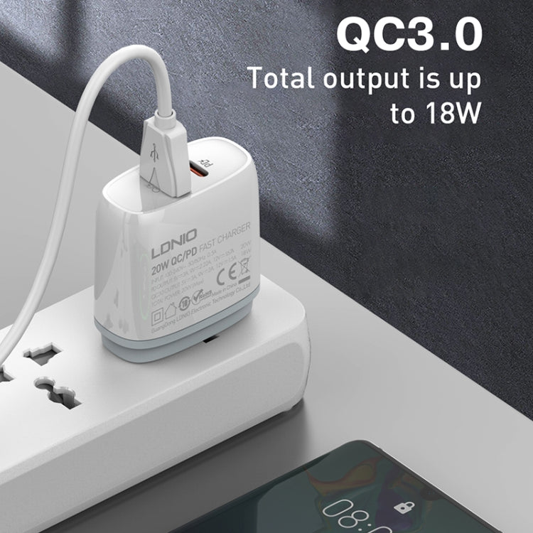 LDNIO Q229 QC3.0 / PD20W USB + Type-C Fast Charger with 1m Type-C to Type-C Cable, Plug Type:EU Plug(White) - free shipping - PMC TechLife - Order now!
