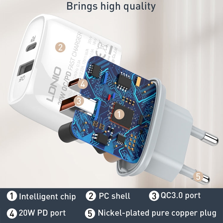 LDNIO Q229 QC3.0 / PD20W USB + Type-C Fast Charger with 1m Type-C to Type-C Cable, Plug Type:EU Plug(White) - free shipping - PMC TechLife - Order now!
