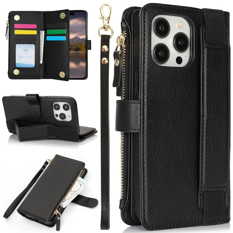 For iPhone 16 Pro Max Wristband Holder Zipper Purse RFID Leather Phone Case(Black) -  by PMC TechLife | Online Shopping South Africa | PMC TechLife | Buy Now Pay Later Mobicred