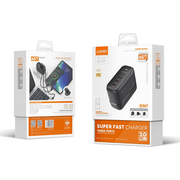 LDNIO Q367 65W GaN 3 x USB-C / Type-C Interface Charger with 1m USB-C / Type-C to USB-C / Type-C Data Cable, Plug Type:UK Plug(Black) - free shipping - PMC Jewellery - Order now!