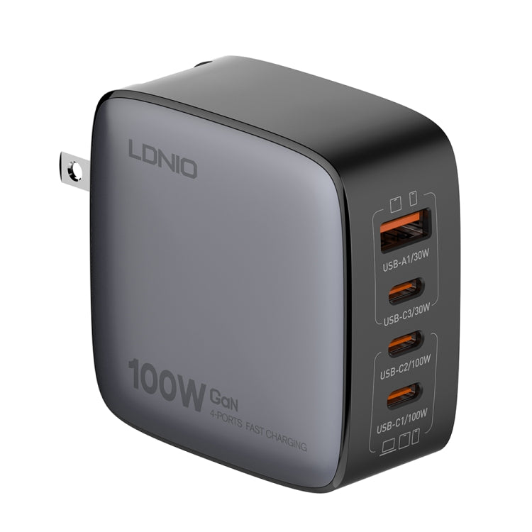 LDNIO Q408 100W GaN USB+3 USB-C / Type-C Interface Charger with 1m 100W USB-C / Type-C to USB-C / Type-C Data Cable, Plug Type:US Plug(Black) - free shipping - PMC Jewellery - Order now!