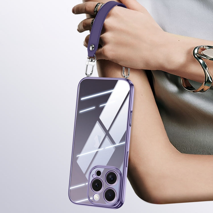 For iPhone 16 Pro SULADA  Electroplated Clear TPU Soft Frame Phone Case with Wrist Strap(Purple) - free shipping - PMC Jewellery - Order now!