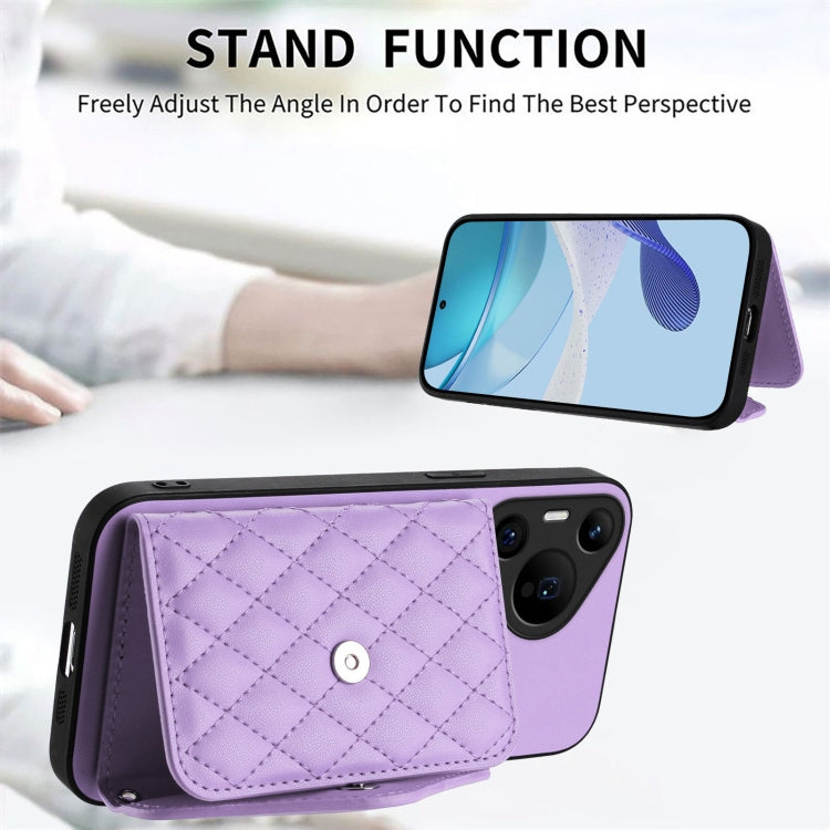 For Huawei Pura 70 Ultra Rhombic Texture Card Bag RFID Phone Case with Long Lanyard(Light Purple) - Huawei Cases by PMC Jewellery | Online Shopping South Africa | PMC Jewellery | Buy Now Pay Later Mobicred