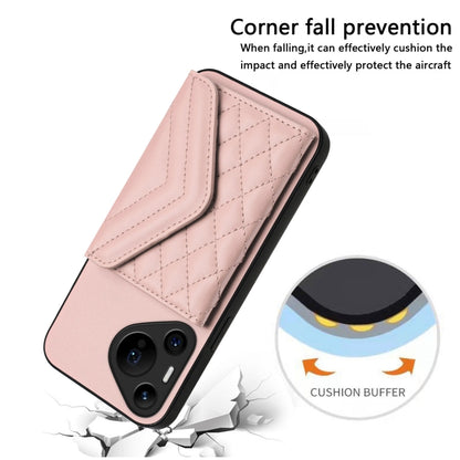 For Huawei Pura 70 Ultra Rhombic Texture Card Bag RFID Phone Case with Long Lanyard(Rose Gold) - Huawei Cases by PMC Jewellery | Online Shopping South Africa | PMC Jewellery | Buy Now Pay Later Mobicred