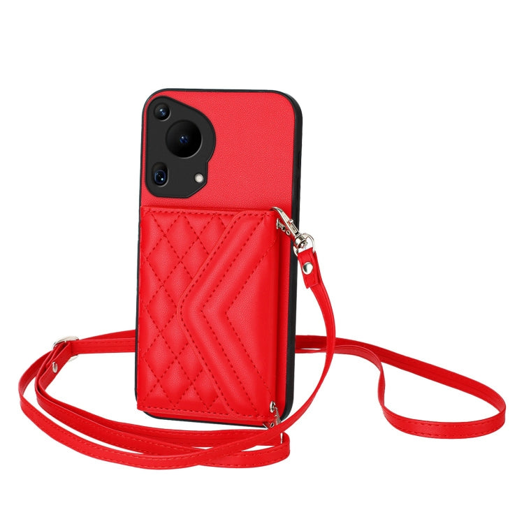 For Huawei Pura 70 Ultra Rhombic Texture Card Bag RFID Phone Case with Long Lanyard(Red) - Huawei Cases by PMC Jewellery | Online Shopping South Africa | PMC Jewellery | Buy Now Pay Later Mobicred